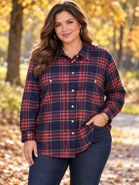 OLD NAVY Boyfriend Shirt Flannel Collared Button-Up Navy,Pink,Yellow Plaid 3X